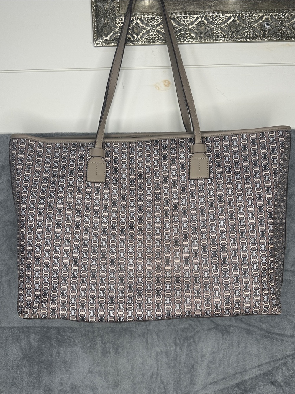 Tory Burch Taupe Canvas Tote with Navy & Cream Center Stripe - Picture 3 of 7
